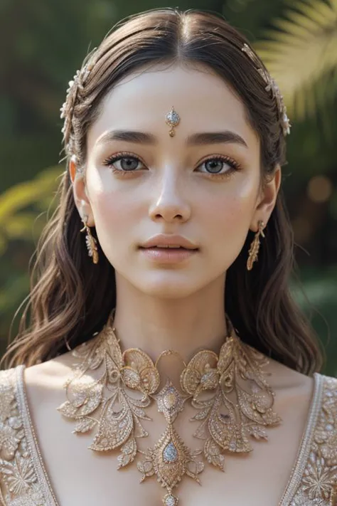 a woman wearing a gold necklace and earrings with a gold choke