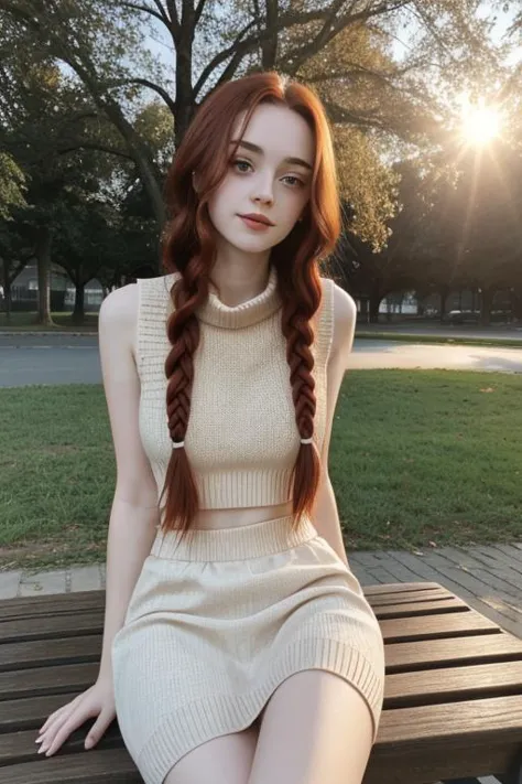 a close up of a woman sitting on a bench with long red hair