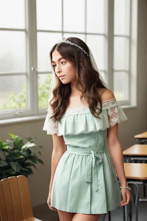 a woman in a green dress standing in front of a window