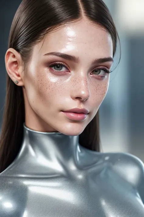 close-up shot, brunette ,futuristic , slim woman, looking strait ,with tatoos  no make-up, detailed skin, light freckles, shallow depth of field, OverallDetail <lora:more_details:0.3> , shiny, shiny hair, shiny skin, shiny clothes