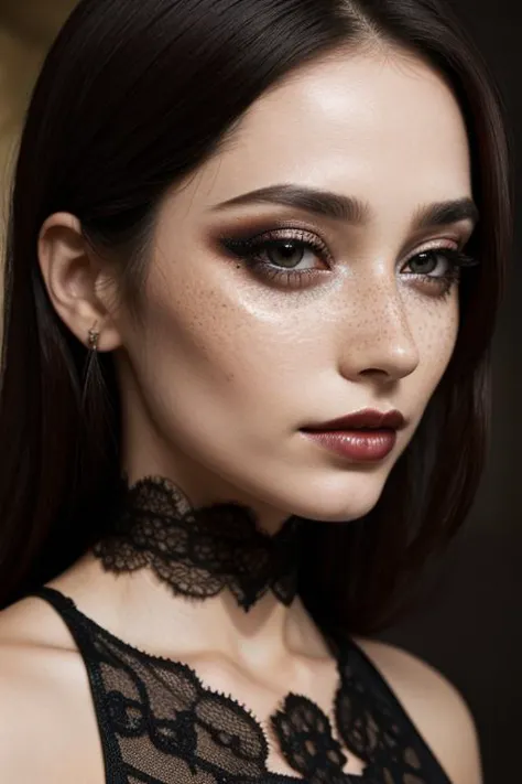 a woman with dark makeup and a choker looks into the camera