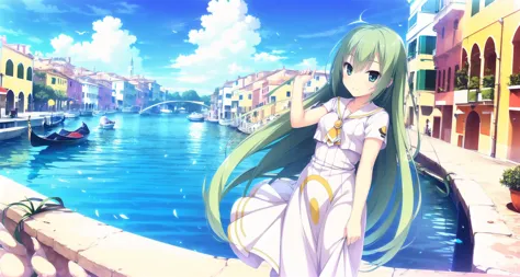 anime girl in white dress standing on a bridge over a river