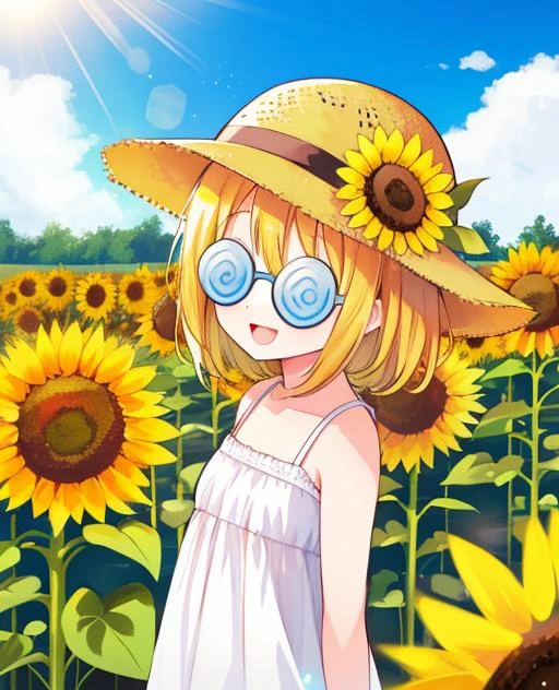 1girl, solo, ((coke-bottle_glasses:1.2)), sunflower field, summer, sunlight, 1girl, :D, portrait, upper_body, white sundress, looking at viewer, arms behind back, wind