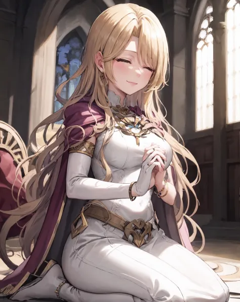 hands together,closed eye,seiza, fe_elimine,(wavy hair:1.2), dress,gloves, white dress, elbow gloves, long dress, looking at viewer, cape, jewelry,seductive smile, medium breasts, closed mouth, breasts, white gloves, single glove,armlet, bracelet, circlet, gold trim,chapel,(masterpiece, best quality, ultra-detailed, best shadow)