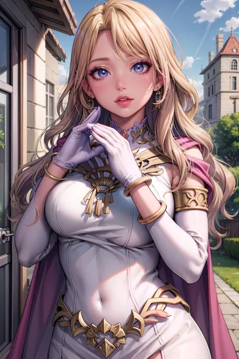 nsfw, (masterpiece, best quality),sharp image, extreme details,high resolution,smooth skin, perfect lighting,
upper body, <lora:elimine-000007:0.8> , fe_elimine,(wavy hairs,eductive smile:1.2),half-closed_eyes, dress,gloves, white dress, elbow gloves, single glove,long dress, looking at viewer, cape, jewelry,medium breasts, closed mouth, breasts, white gloves,armlet, bracelet, circlet, gold trim,outdoor
beautiful eyes, big breasts, <lyco:GoodHands:1.0>, perfect hands, nice hands,