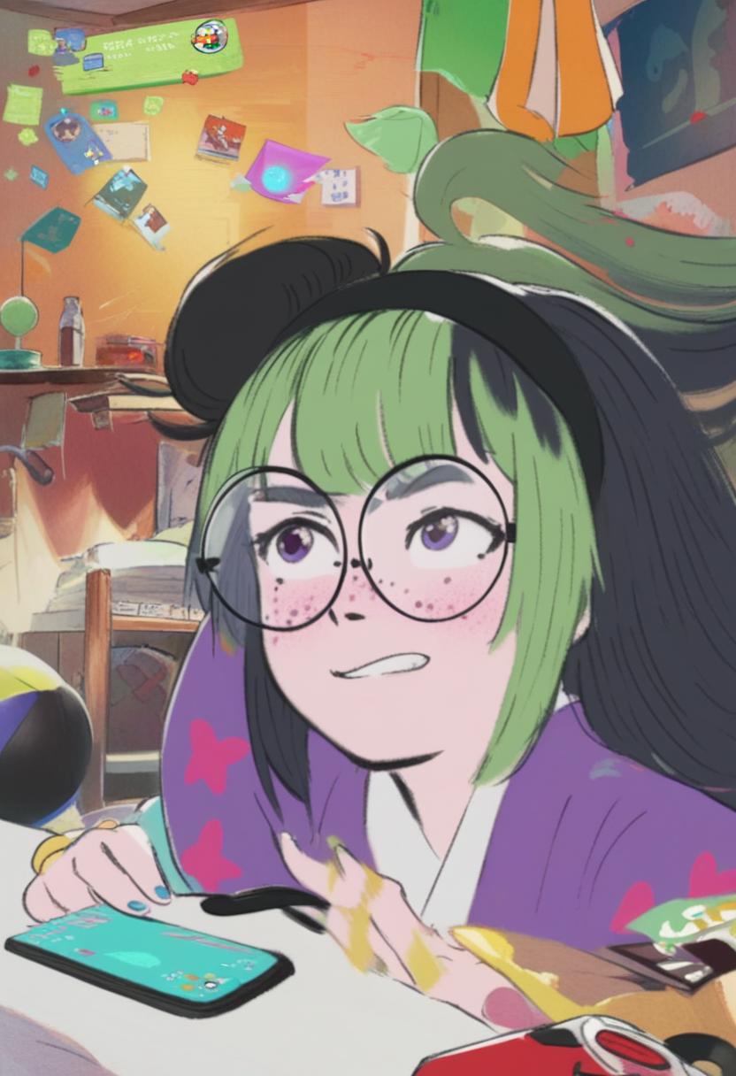 Anime girl with green hair and glasses sitting at a table - SeaArt AI