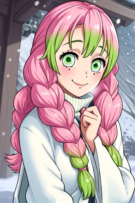 masterpiece, best quality, highly detailed, highres, hdr, 1girl, solo, (mitsuri)++ in the snow, in love, sexy smile, love hearts, snow trees, green eyes,  long hair, pink hair green