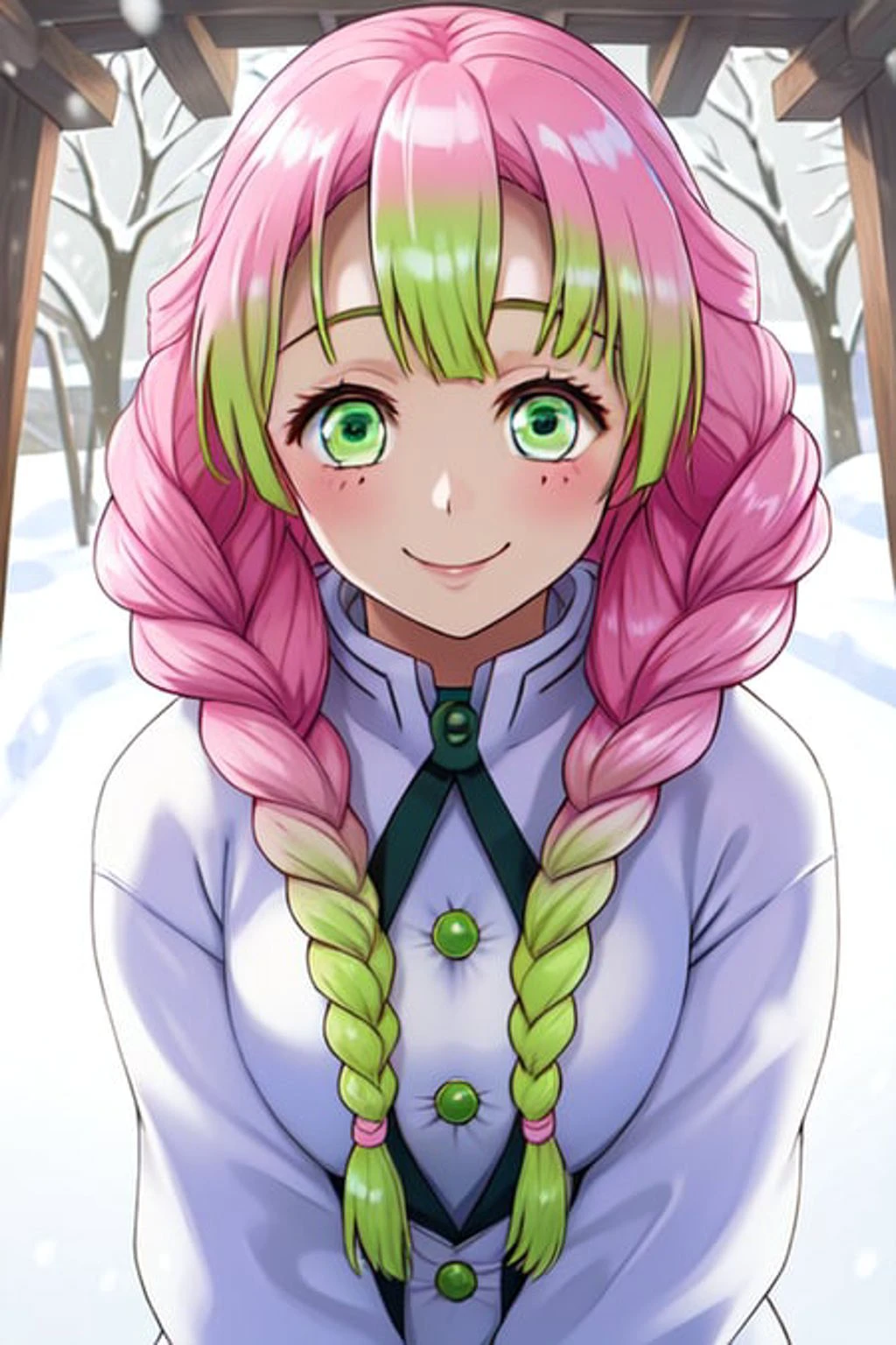 masterpiece, best quality, highly detailed, highres, hdr, 1girl, solo, (mitsuri)++ in the snow, in love, sexy smile, love hearts, snow trees, green eyes,  long hair, pink hair green