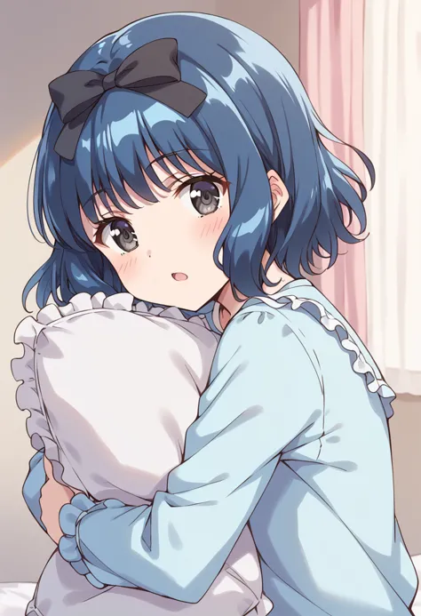 score_9, score_8_up, score_7_up, source_anime break
aizawa mint, pillow, blue hair, pillow hug, object hug, pajamas, solo, short...