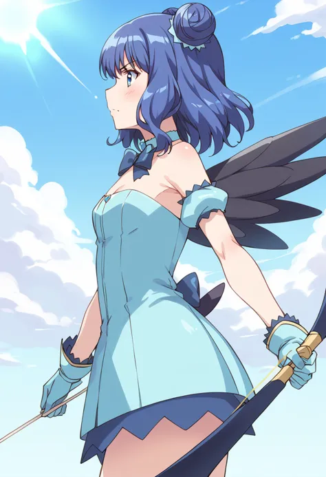 a woman in a blue dress holding a bow and a sword