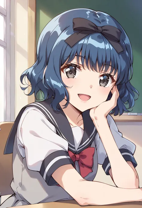 score_9, score_8_up, score_7_up, source_anime BREAK
aizawa mint, 1girl, solo, blue hair, serafuku, school uniform, sailor dress, (grey dress:1.4), white sleeves, puffy short sleeves, short hair, smile, open mouth, blue eyes, hair bow, head rest, hair ribbon, red bowtie, :d, red neckwear, hand on own face, wavy hair, hand on own cheek, upper body, eyebrows visible through hair, arm support, black sailor collar, grey eyes, indoors, classroom, bangs, eyelashes, black eyes, black bow, table, desk, looking at viewer, blue ribbon, sitting
<lora:mew_mint_aizawa_mint_sdxl_locon_pony_v1:0.7>