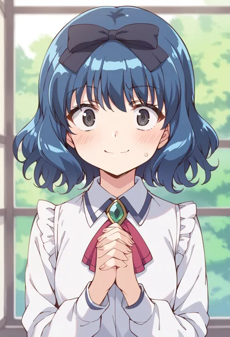 score_9, score_8_up, score_7_up, source_anime break
aizawa mint, 1girl, solo, own hands together, blue hair, smile, blush, own h...