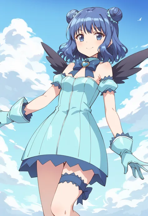 score_9, score_8_up, score_7_up, source_anime BREAK
mew mint, 1girl, solo, blue hair, blue eyes, smile, day, cloud, bare shoulders, short hair, double bun, thigh strap, blue gloves, black wings, detached sleeves, blue sky, aqua gloves, detached collar, blue dress, leg garter, puffy detached sleeves, closed mouth, standing, cowboy shot, short dress, outdoors, bowtie, choker, strapless dress, puffy short sleeves, cloudy sky, blue skirt, brooch, small breasts, eyebrows visible through hair, wavy hair, blue neckwear, garters, feathers, hair ornament, feathered wings, bird wings, aqua dress, frills, anime coloring, blue bow, miniskirt, bangs, outstretched arms, sidelocks, bridal garter, floating, flying, 
<lora:mew_mint_aizawa_mint_sdxl_locon_pony_v1:0.7>