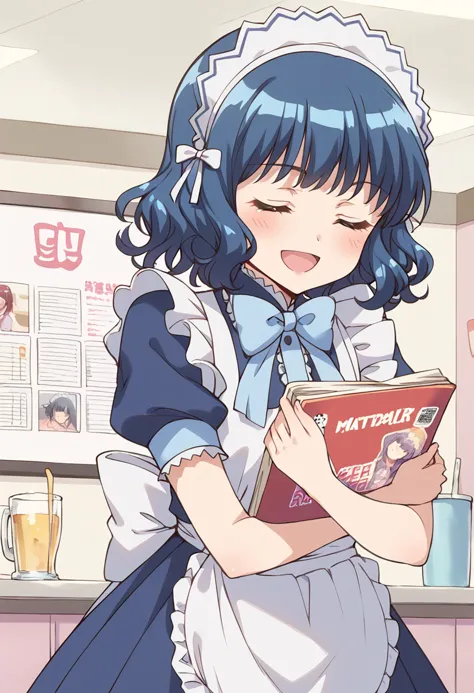 score_9, score_8_up, score_7_up, source_anime BREAK
aizawa mint, waitress, blue hair, 1girl, maid, closed eyes, solo, maid headdress, open mouth, smile, blush, short hair, book, blue dress, maid apron, magazine, puffy short sleeves, :d, bowtie, shaded face, frills, object hug, menu, holding book, curly hair, indoors, hairband, enmaided, bangs, blue bow, crossed arms, hug, long hair, wavy hair, blue neckwear, white apron, purple hair, reading, white bow, pleated skirt, blue skirt, cowboy shot, happy, hugging object
<lora:mew_mint_aizawa_mint_sdxl_locon_pony_v1:0.7>