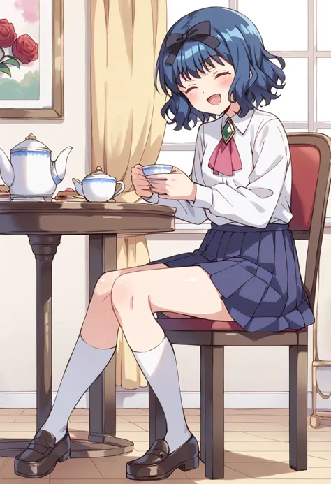 score_9, score_8_up, score_7_up, source_anime BREAK
aizawa mint, solo, 1girl, blue hair, teapot, teacup, closed eyes, chair, table, short hair, sitting, hair bow, kneehighs, open mouth, smile, long sleeves, white legwear, wavy hair, brooch, loafers, tiered tray, cake, hair ribbon, full body, saucer, blush, plate, pouring, :d, vase, pleated skirt, jewelry, tea set, pastry, blue skirt, happy, kettle, sandwich, red flower, black footwear, macaron, white shirt, frills, indoors, creamer \(vessel\), purple skirt, coffee pot, white socks, black bow, brown footwear, holding cup, collared shirt, on chair, pink ascot, black ribbon, hand on own thigh, window, curtains, red rose, vase,
<lora:mew_mint_aizawa_mint_sdxl_locon_pony_v1:0.7>