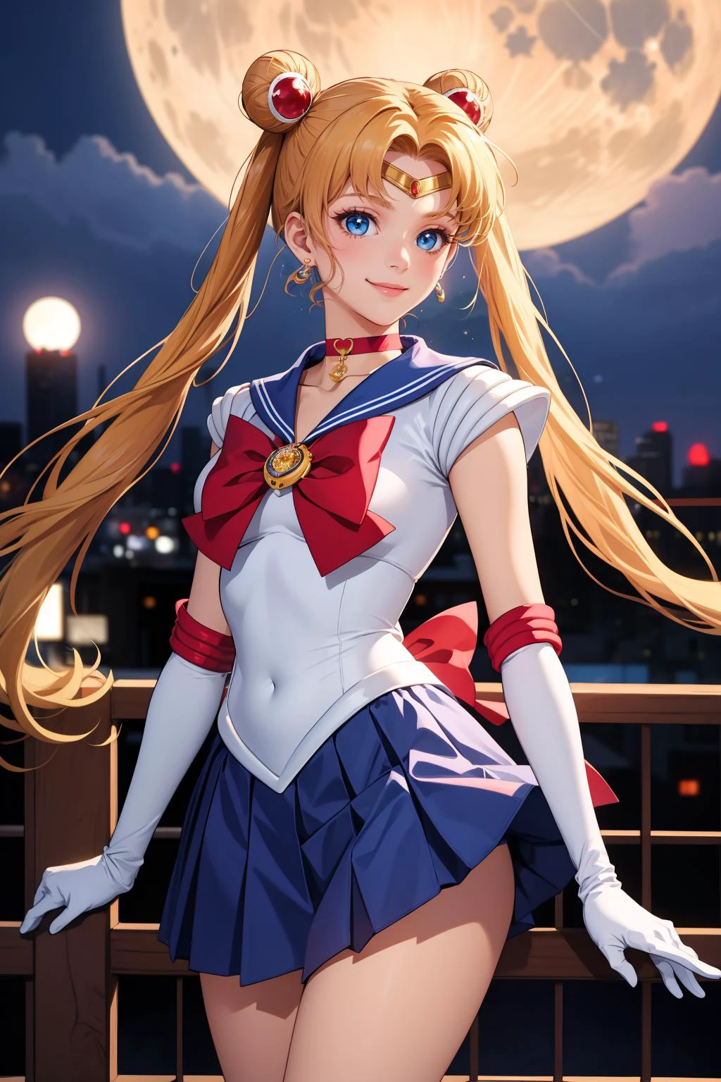 masterpiece, best quality, highres, absurdres, ultra detailed, pretty eyes, semi realistic
1girl, aausagi, double bun, twintails, parted bangs, circlet, jewelry, earrings, choker, red bow, white gloves, elbow gloves, blue skirt, 
standing, cowboy shot, night, outdoors, moon, smile, city,
