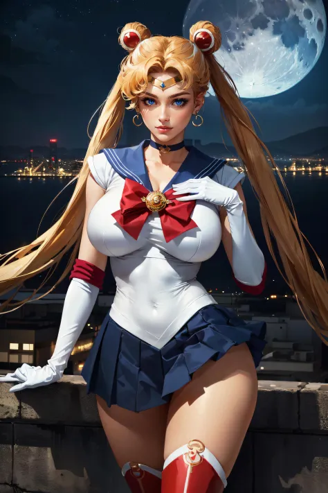 (masterpiece, best quality, ultra detailed, absurdres)1.5, 1girl, (sexy, beautiful woman, perfect face, perfect eyes, perfect female body, huge breasts)1.5, (aausagi, double bun, twintails, parted bangs, circlet, jewelry, earrings, choker, red bow, white g...