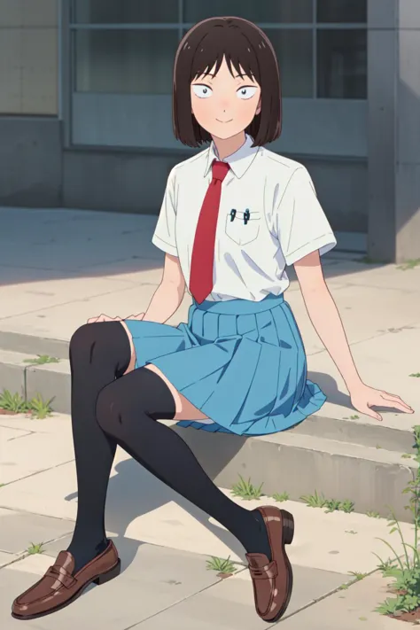 anime girl sitting on steps with her legs crossed