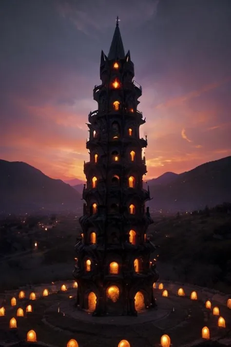 a close up of a tower with many lit candles in it