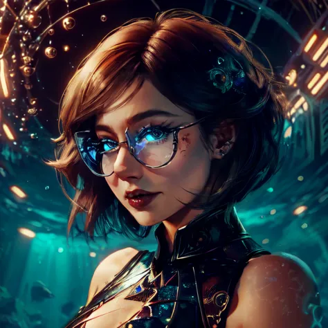 a woman with glasses and a futuristic outfit in a futuristic setting