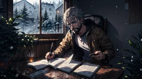 1 man in a brown jacket with glowing blue eyes, he has grey hair and a brown beard with dark brown skin, He's sitting in a wooden chair next to a desk staring intensely at a book with a pen in his hand writing, he's busy reading, outside the window it's snowing. there's an axe hanging on the wall alongside gardening tools like a hoe and trowel. masterpiece, soft lighting
