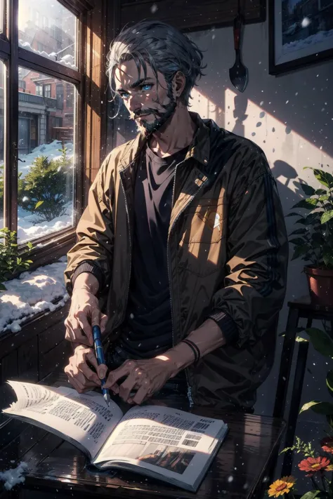 arafed man sitting at a table with a book and pen