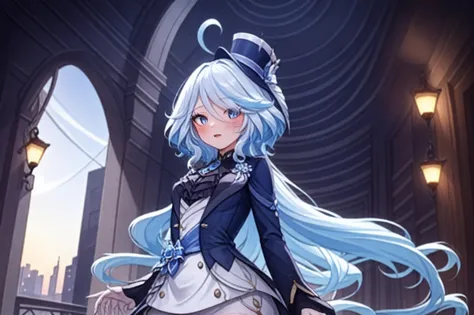 anime girl with long blue hair and a top hat