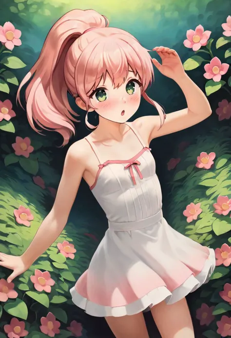 score_9, score_8_up, score_7_up, rating_questionable, BREAK
a beautiful young woman, 18 years old, (hourglass body, rectangle shaped face), green eyes, lush lips, high cheekbones), (pastel pink Ponytail hair:1.2), pale skin, blush, tiny breasts, (wearing cute sundress), standing, dynamic pose, spring flower garden background