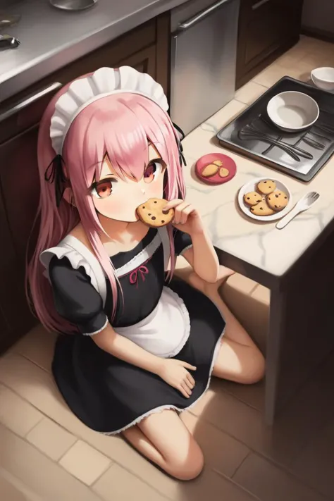 anime girl with pink hair sitting on the floor eating cookies