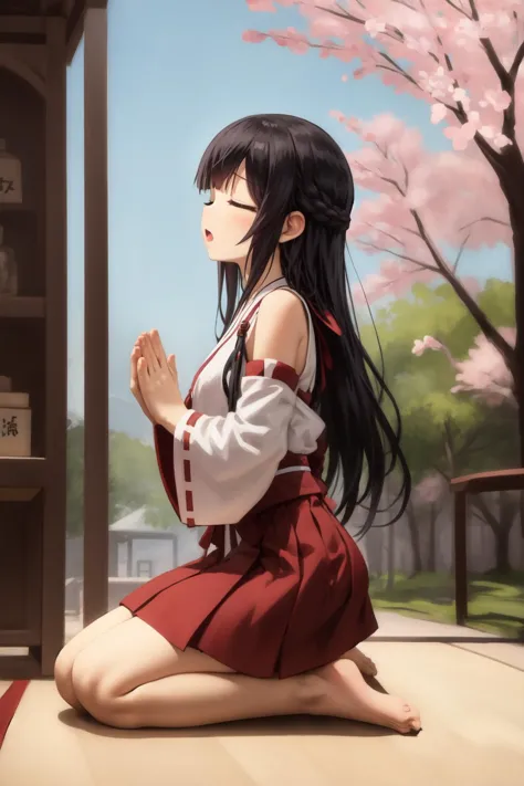 (sketch:1.25),
1girl, blunt bangs, forehead, extremely long hair, shiny black hair, closed eyes, flat chest
BREAK (praying:1.2), miko, long sleeves, red skirt, japanese clothes, barefoot
BREAK on floor, (seiza), from side, full body, wide shot
BREAK detailed background, (outside:1.2), shrine, (cherry blossoms:1.1)