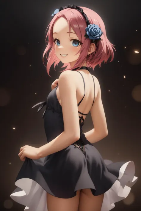 (masterpiece, best quality:1.2),
1girl, solo, pink and black theme, dark, upper body, side face, grin, parted lips, looking back, floating hair, pink dress, bare shoulders,(delicate and beautiful eye), forehead, flat chest, gothic fashion, blue rose, fog, fireflies, underlighting, bokeh, blurry background, strong visual impact, film lighting, from side