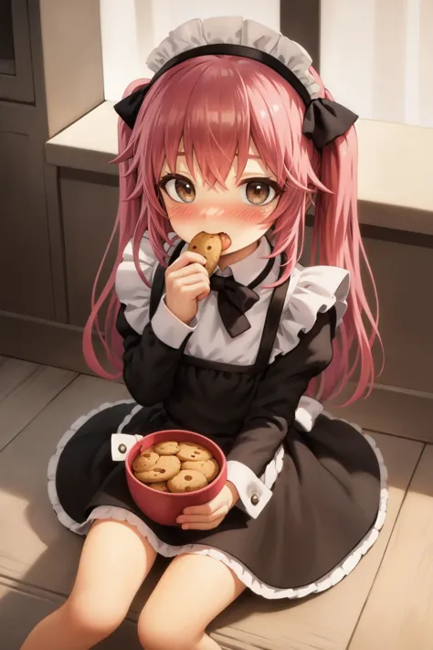 (masterpiece, best quality:1.2),
1girl, :t, (full-face blush:1.2), (puffy cheeks), looking at viewer, long hair, pink hair, brown eyes BREAK
black dress, maid dress, flat chest, sitting, on floor
BREAK eating, cookie, from above, kitchen