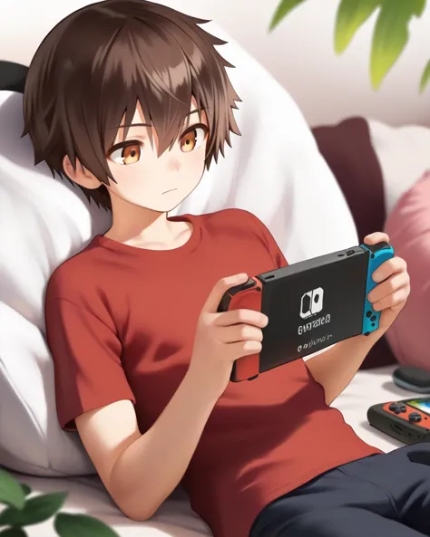 anime boy sitting on a bed holding a nintendo wii game controller