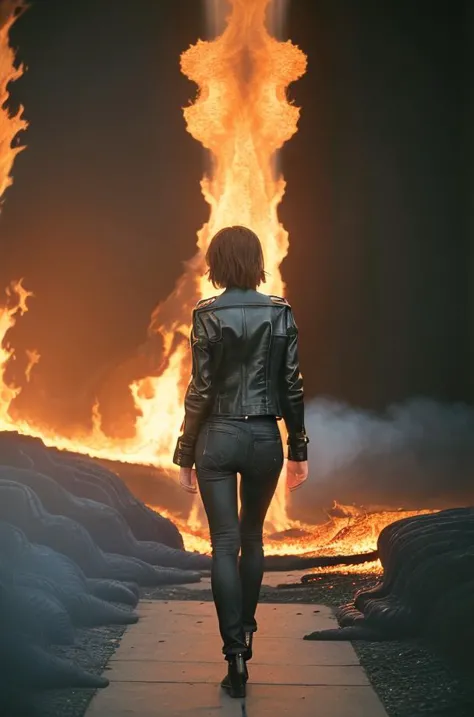 a woman walking down a path towards a fire with a sky background