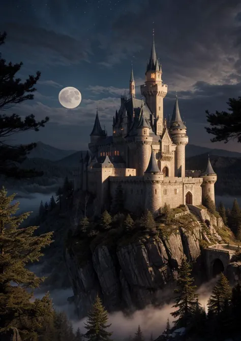 a castle sitting on the mountain surrounding by the trees, foggy, dark night, moon and clear sky, (masterpiece),((ultra-detailed...