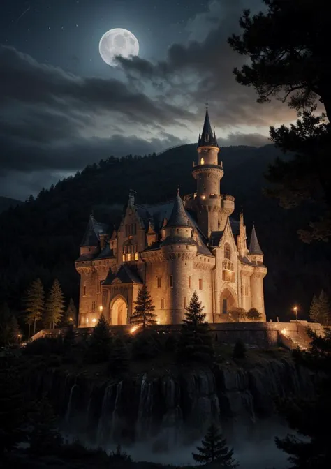 a large castle with a waterfall and a full moon in the background