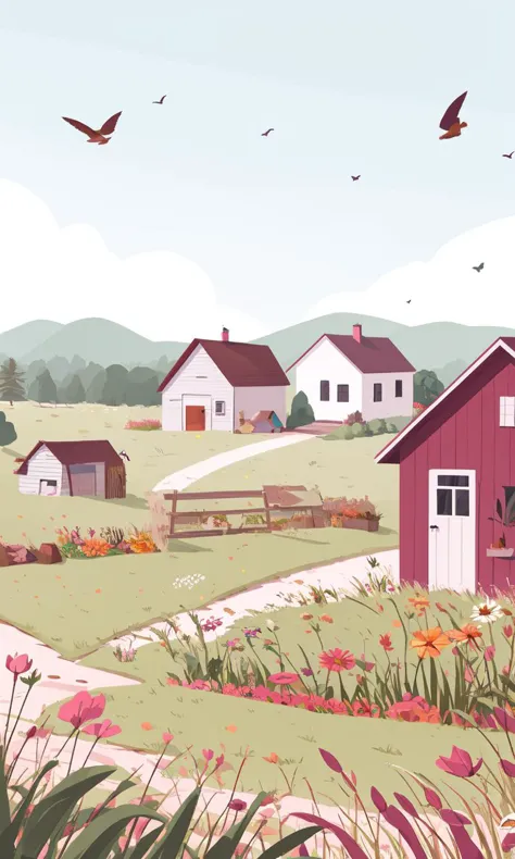 there is a picture of a farm with a red barn and a bird flying over it