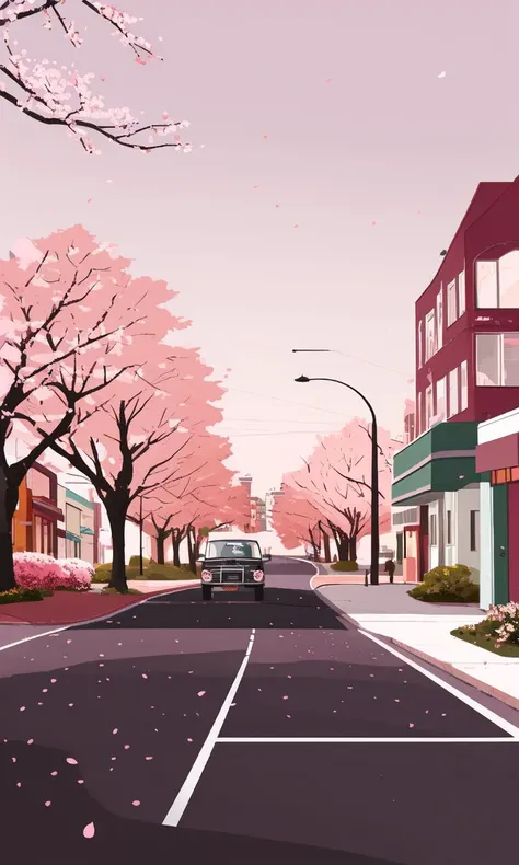 illustration of a street with a car driving down it and a few trees