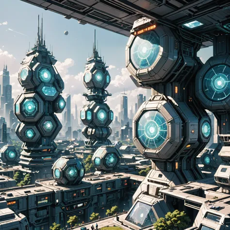 a close up of a futuristic city with a futuristic clock tower