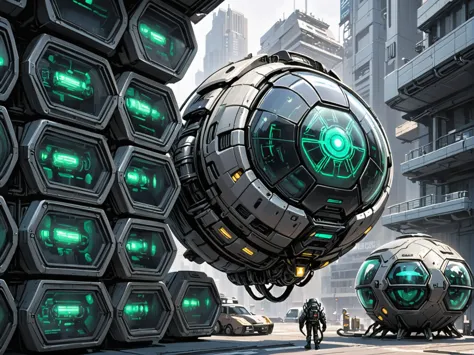 a close up of a futuristic city with a giant green object