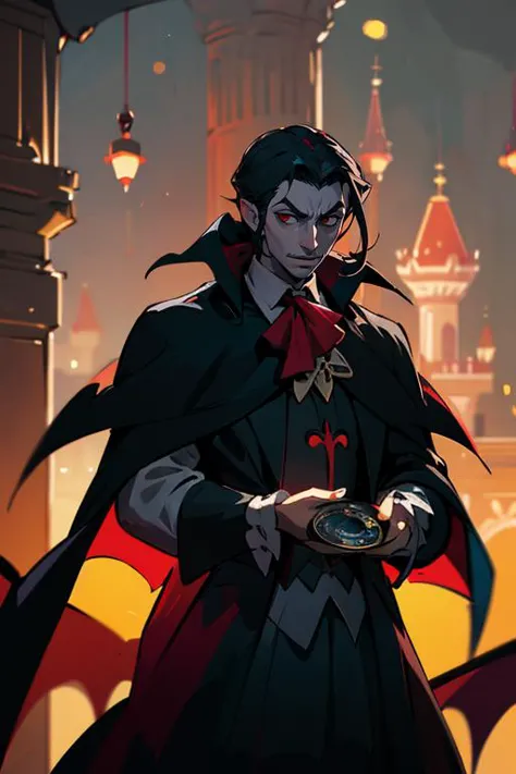 a man in a vampire costume holding a tray of food