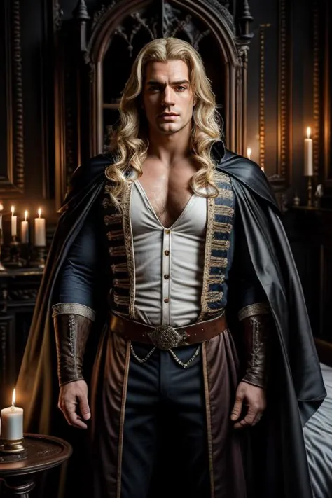 1man, portrait upper body of henry cavill alucardcastlevania wear court suit in bedroomgothic room, candle, looking at viewer, dim light, dark, horror \(theme\), realistic, long blonde, <lora:ARWAlucard:1> <lora:ARWBedroomGothic:1>  hecavill