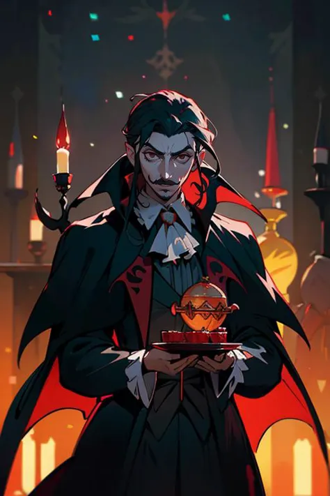 a man in a vampire costume holding a tray with a pumpkin