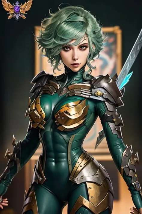 ((best quality)), ((masterpiece)), (detailed), woman with green hair, holding a sword, (artgerm inspired:1.2), (pixiv contest wi...