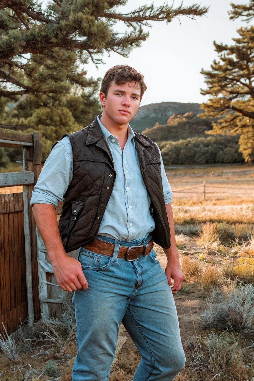 full body photo of jjperson standing on a ranch, dressed as a cowboy, shirt, vest, pants, chaps, jeans, plaid, belt, natural sunlight, rustic-aesthetic, majestic western landscape background, rustic-charm