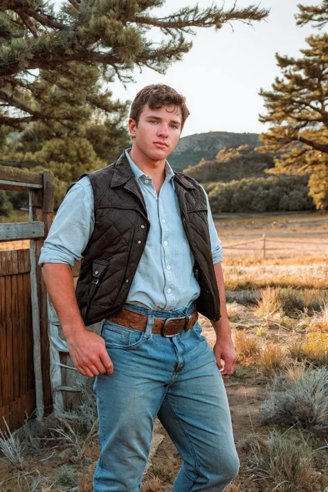full body photo of jjperson <lora:josh_joyce-11:0.8>, standing on a ranch, dressed as a cowboy, shirt, vest, pants, chaps, jeans...