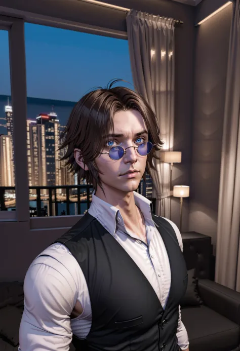 Simon Petrikov, solo, looking at viewer, short hair, blue eyes, brown hair, shirt, 1boy, white shirt, upper body, male focus, parted lips, glasses, collared shirt, indoors, vest, window, night, sunglasses, curtains, black vest, photo (object)<lora:SimonSexyMan:0.5>