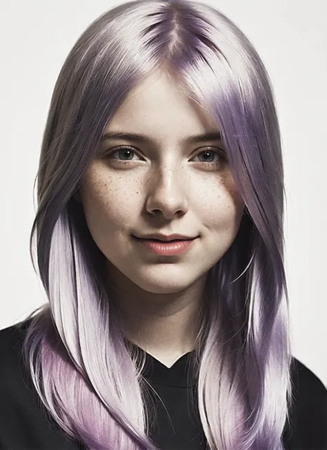 arafed woman with long purple hair and freckles posing for a picture