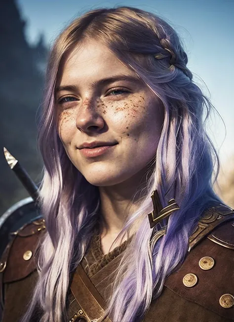 a close up of a woman with purple hair and a sword