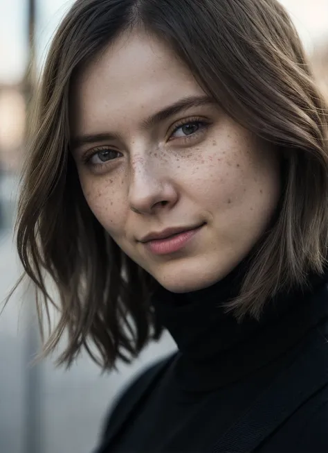 a woman with freckles on her face and a black turtle neck